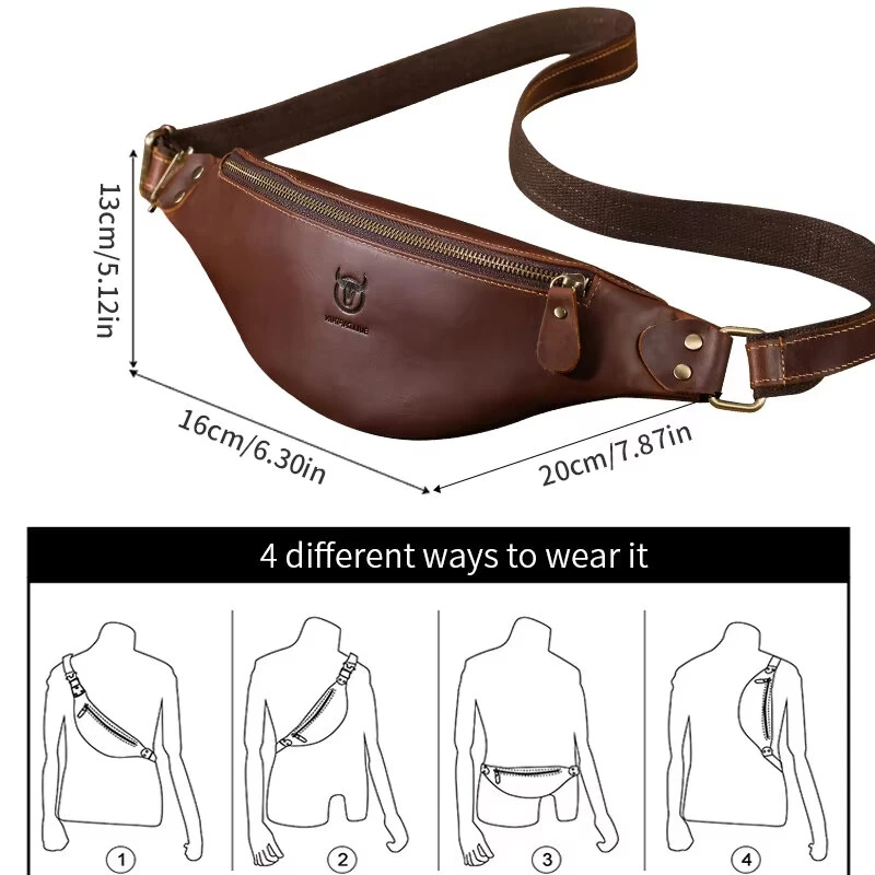 (image for) BULLCAPTAIN Genuine Leather Men's Belt Bag Crazy Horse Leather Casual Crossbody Bag Classic Retro Chest Bag Outdoor Storage Mountaineering Mobile Phone Bag Waist Bag